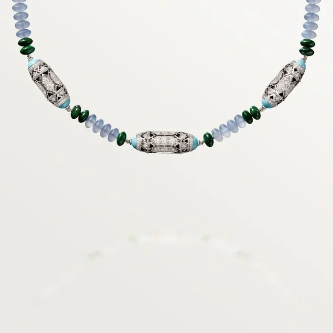 Haute Joaillerie-Halskette – Weißgold, Chalcedon, Skarn, Türkis, schwarzer Lack, Diamanten – Cartier