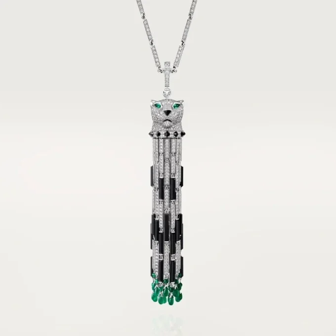 Panthere De Cartier Lange Halskette, Smaragd, vielseitig tragbar, großes Modell, pavé-besetzt