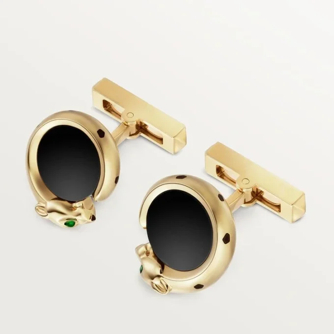 Panthere De Cartier Manschettenknöpfe – Gelbgold, Onyx, Tsavorite und schwarzer Lack – Cartier