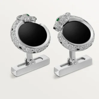 Panthere De Cartier Manschettenknöpfe – Rhodiniertes Weißgold, Diamanten, Smaragde, Onyx – Cartier