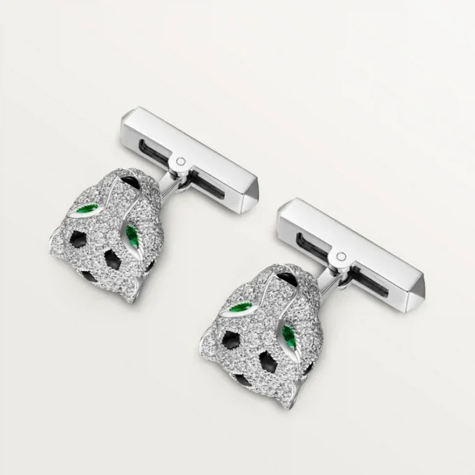 Panthere De Cartier Manschettenknöpfe – Rhodiniertes Weißgold, Diamanten, Smaragde, Onyx – Cartier