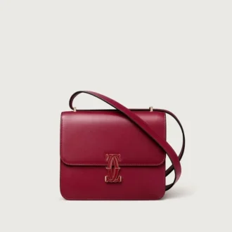 Umhängetasche, Mini, Double C de Cartier – Kirschrotes Kalbsleder, Gold und kirschrote Emaille – Cartier