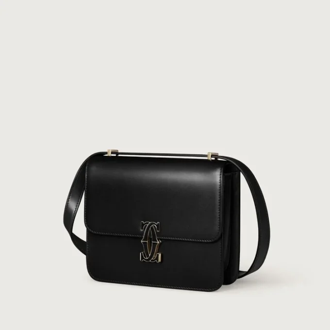 Umhängetasche, Mini, Double C de Cartier – Schwarzes Kalbsleder, Gold und schwarzes Emaille-Finish – Cartier