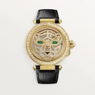 Weitere Panthere-Schmuck-Uhren – 41 mm, mechanisches Handaufzugswerk, 18 Karat Gelbgold, Diamanten, austauschbare Lederarmbänder – Cartier