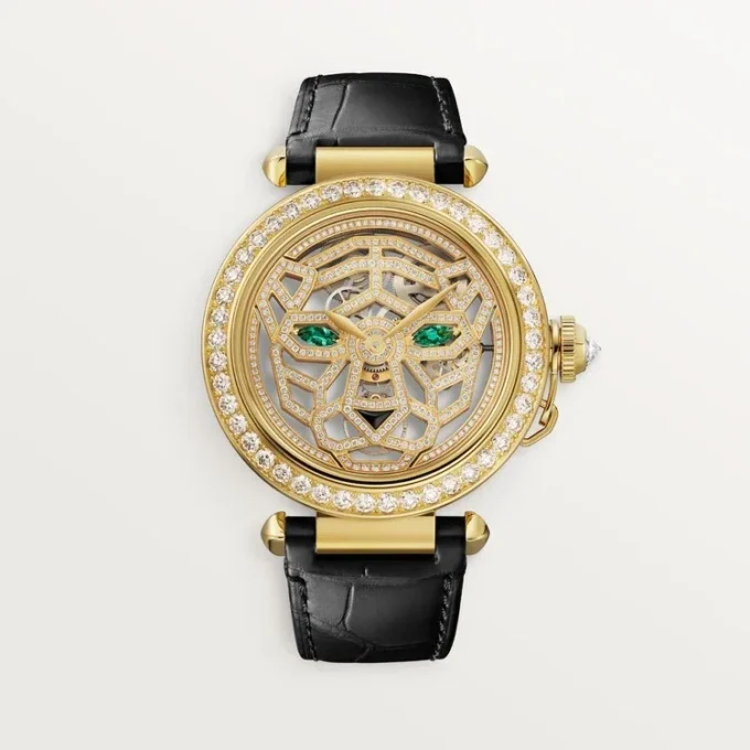 Weitere Panthere-Schmuck-Uhren – 41 mm, mechanisches Handaufzugswerk, 18 Karat Gelbgold, Diamanten, austauschbare Lederarmbänder – Cartier
