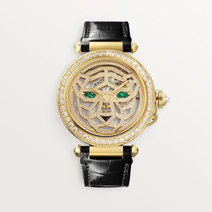 Weitere Panthere-Schmuck-Uhren – 41 mm, mechanisches Handaufzugswerk, 18 Karat Gelbgold, Diamanten, austauschbare Lederarmbänder – Cartier