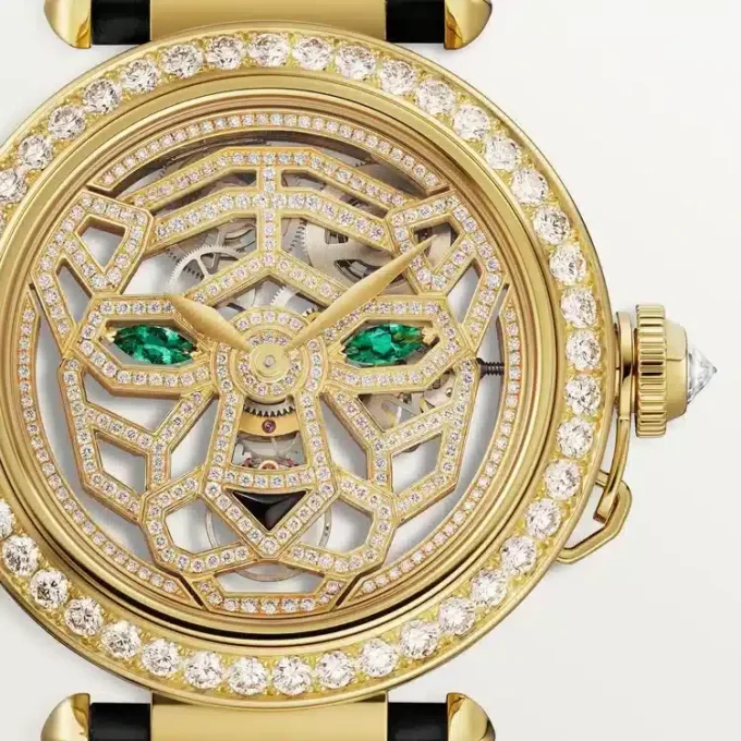 Weitere Panthere-Schmuck-Uhren – 41 mm, mechanisches Handaufzugswerk, 18 Karat Gelbgold, Diamanten, austauschbare Lederarmbänder – Cartier